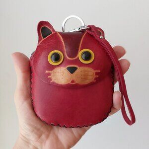 Genuine leather coin wallet purse - animal face cat racoon bear keyring wristlet